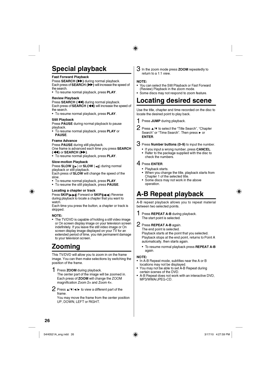 Sanyo DP26670, DP32670 owner manual Special playback, Zooming, Pause 