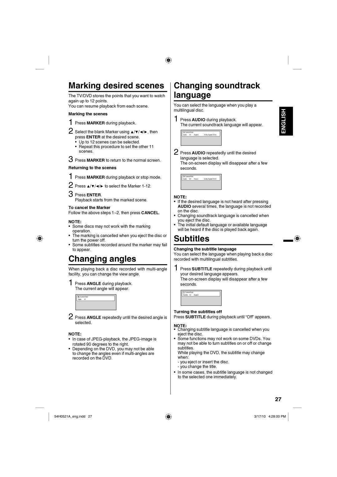 Sanyo DP32670, DP26670 owner manual Marking desired scenes, Changing angles, Changing soundtrack language 