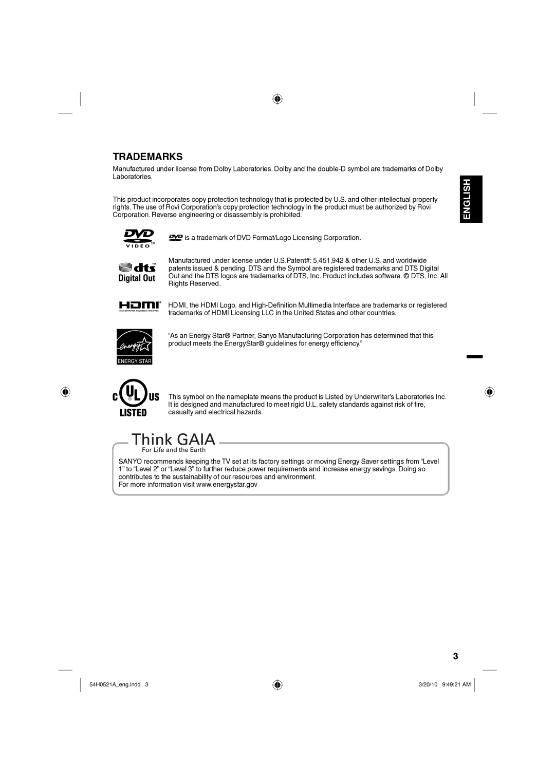 Sanyo DP32670, DP26670 owner manual Trademarks 