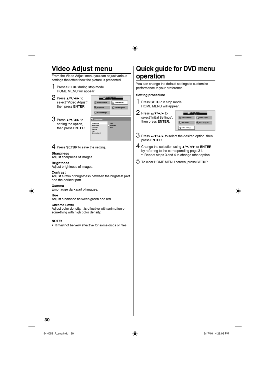 Sanyo DP26670, DP32670 owner manual Video Adjust menu, Quick guide for DVD menu operation 