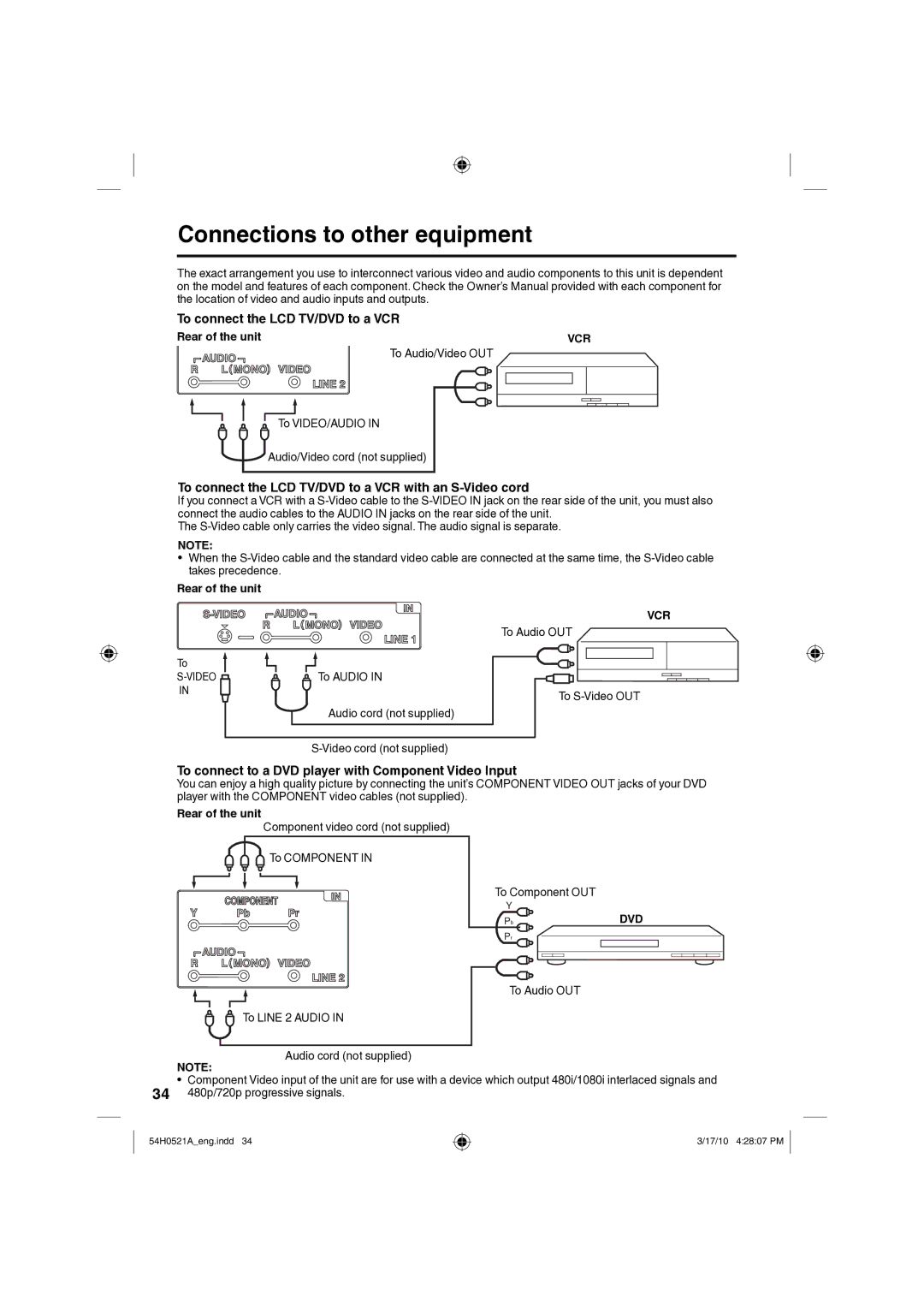 Sanyo DP26670, DP32670 owner manual Connections to other equipment, To connect the LCD TV/DVD to a VCR 