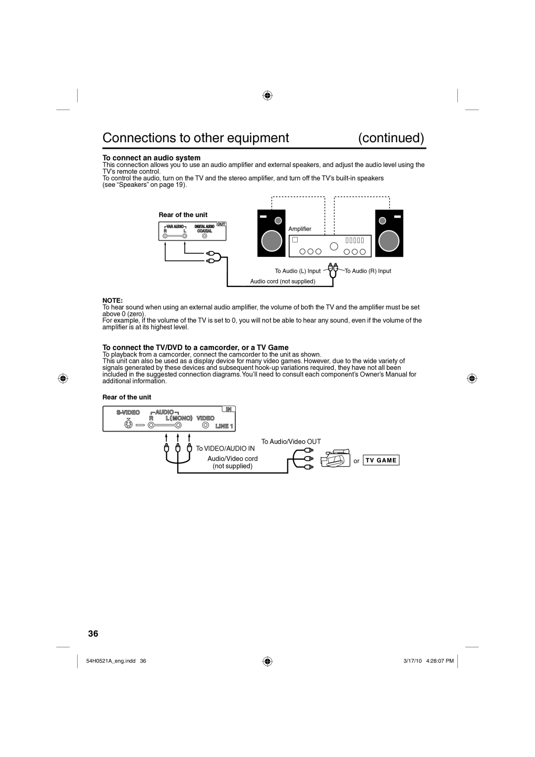 Sanyo DP26670, DP32670 owner manual To connect an audio system, To connect the TV/DVD to a camcorder, or a TV Game 