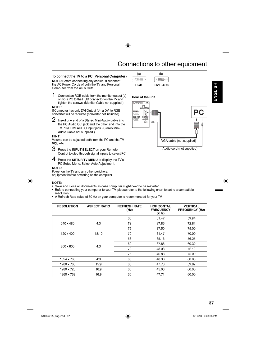 Sanyo DP32670 To connect the TV to a PC Personal Computer, Volume can be adjusted both from the PC and the TV VOL +, Rgb 