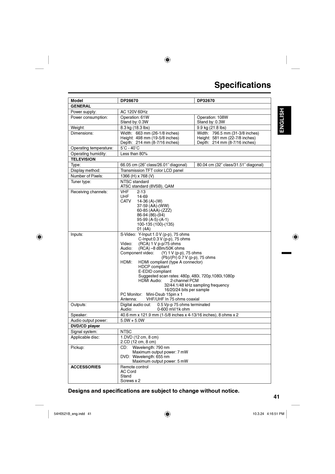 Sanyo DP32670, DP26670 owner manual Specifications, General, Television, Accessories 