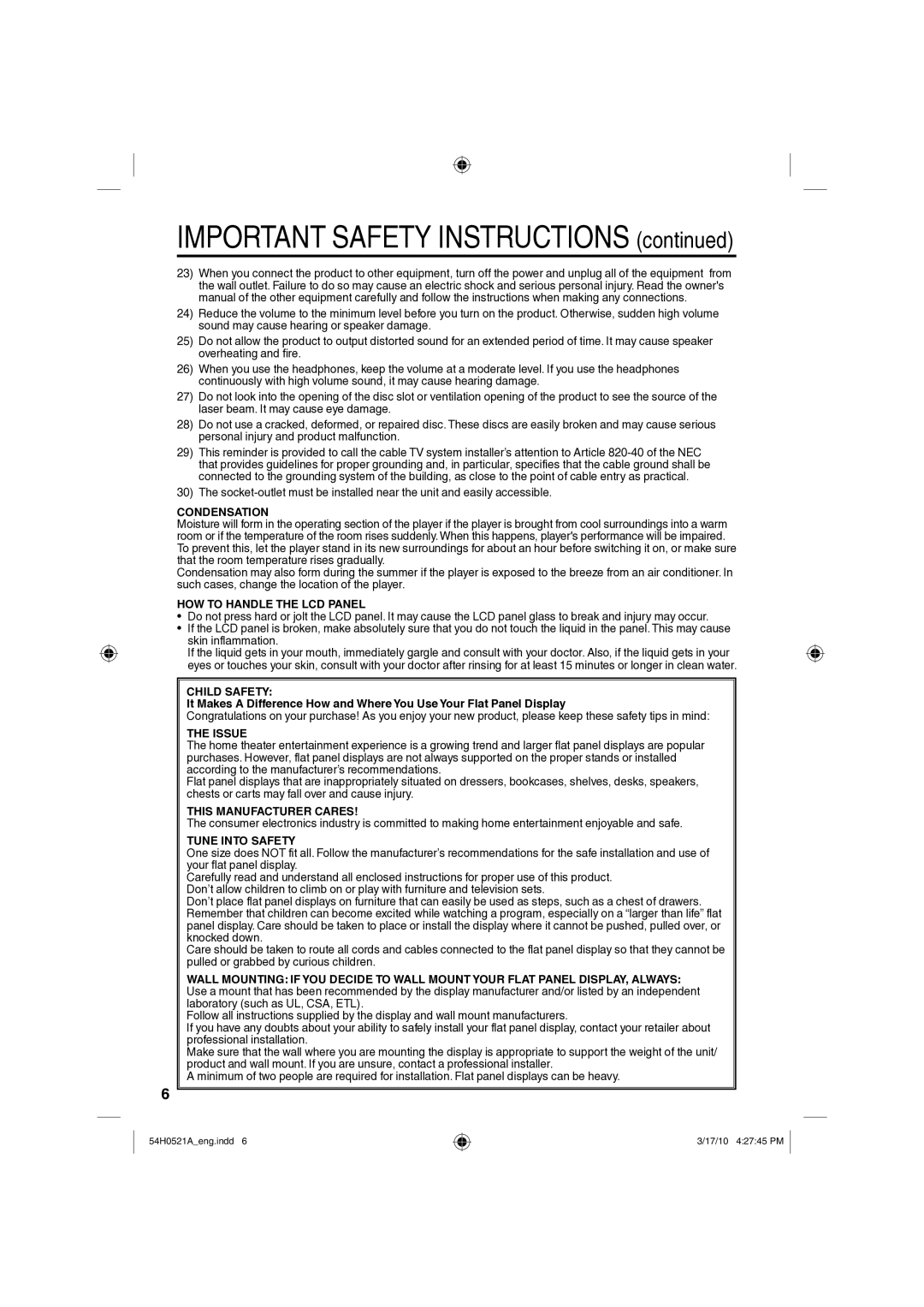 Sanyo DP26670 Condensation, HOW to Handle the LCD Panel, Child Safety, Issue, This Manufacturer Cares, Tune Into Safety 