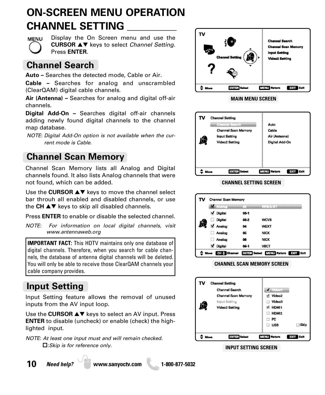 Sanyo DP32640 manual ON-SCREEN Menu Operation Channel Setting, Channel Search, Channel Scan Memory, Input Setting 