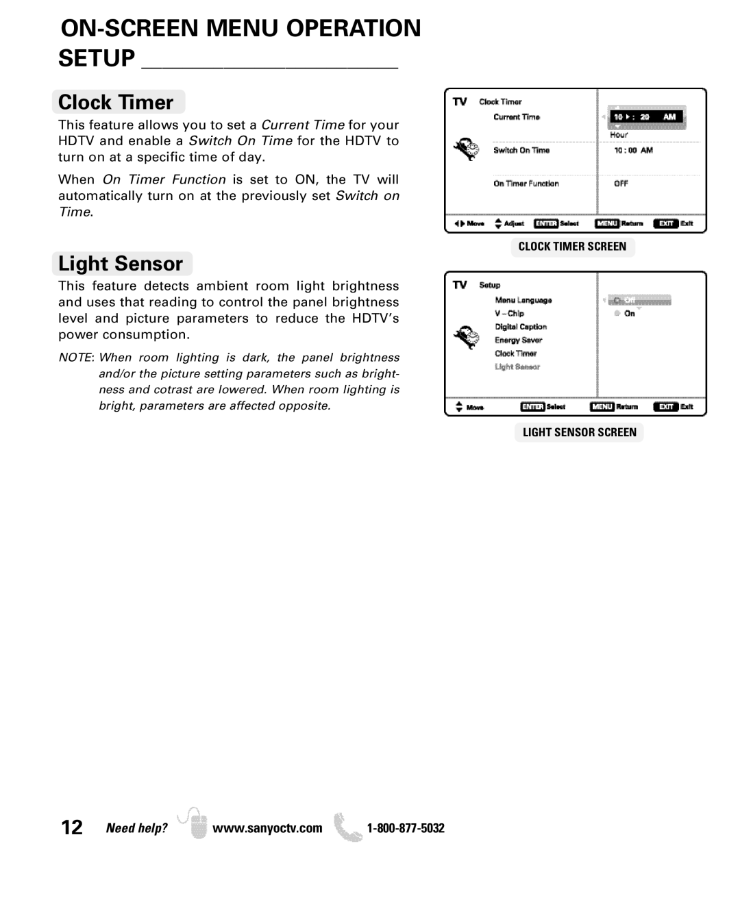 Sanyo DP32640 manual Setup Clock Timer, Light Sensor 