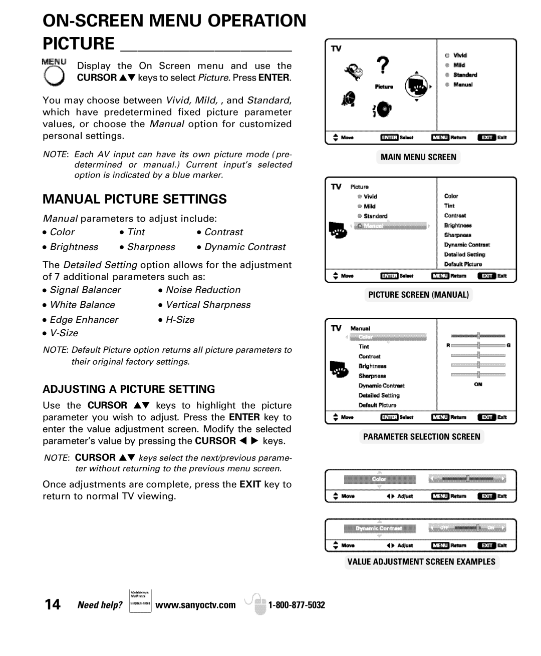 Sanyo DP32640 manual Manual Picture Settings, Adjusting a Picture Setting 