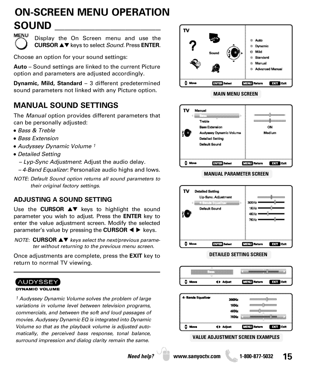 Sanyo DP32640 manual ON-SCREEN Menu Operation Sound, Manual Sound Settings, Adjusting a Sound Setting 