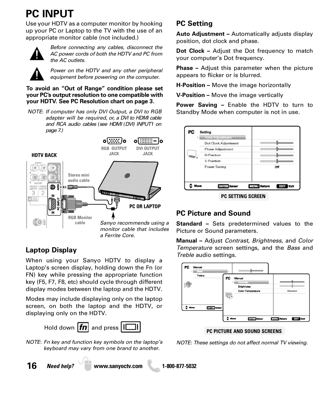 Sanyo DP32640 manual PC Input, Hdtv Back 