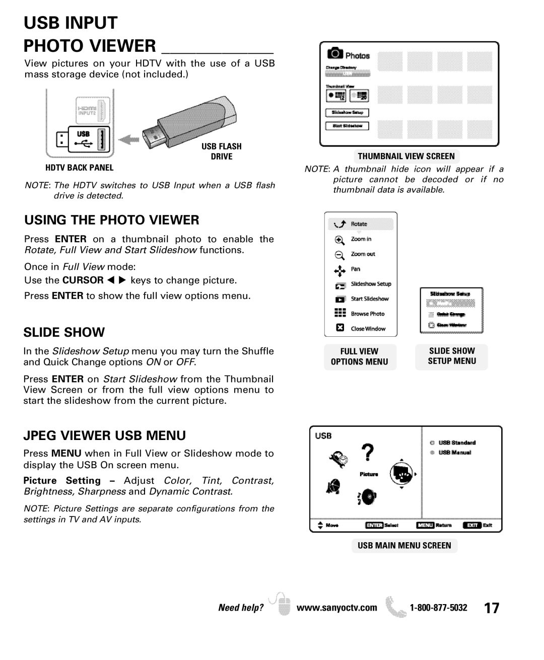 Sanyo DP32640 manual USB Input, Using the Photo Viewer, Slide Show, Jpeg Viewer USB Menu 