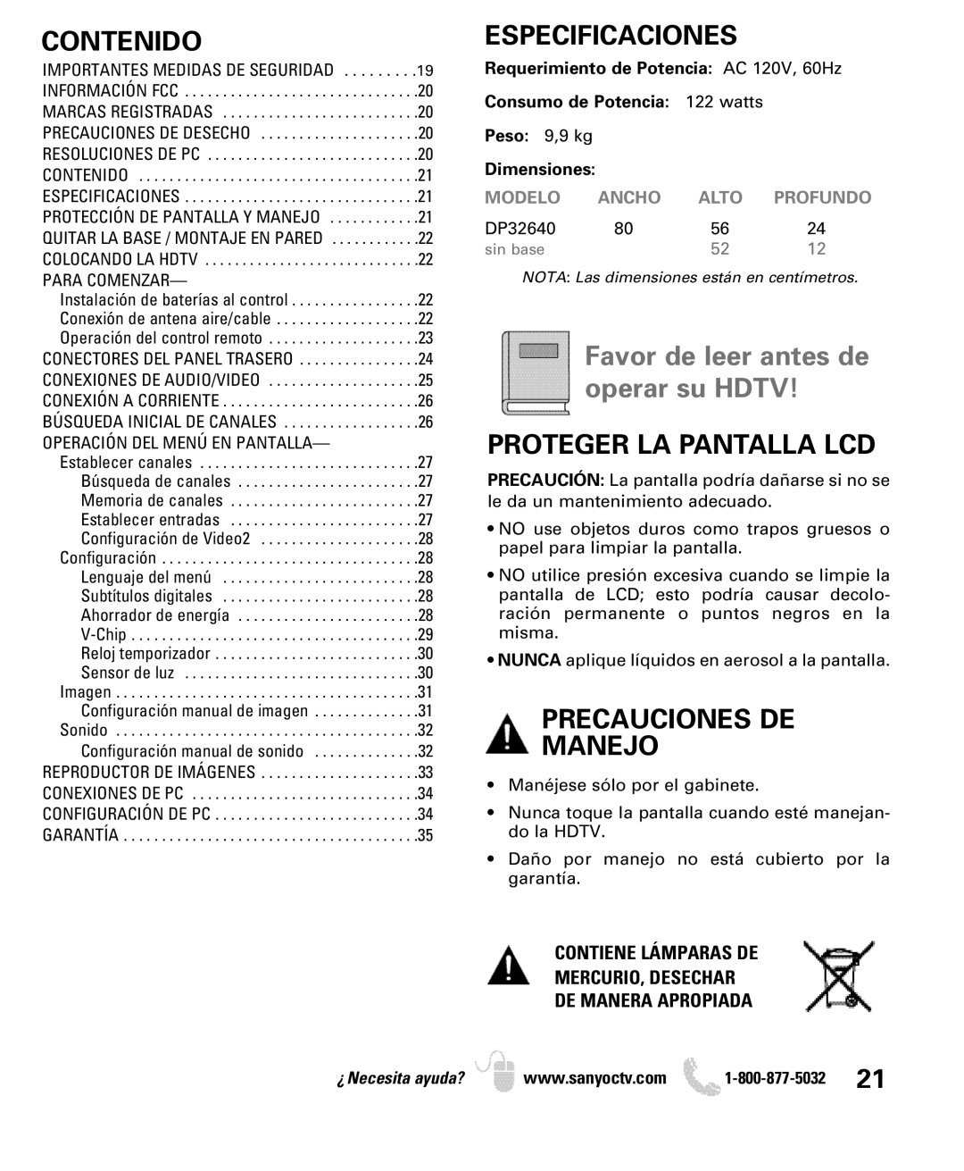 Sanyo DP32640 manual Contenido, Especificaciones, Proteger LA Pantalla LCD, Precauciones DE Manejo 