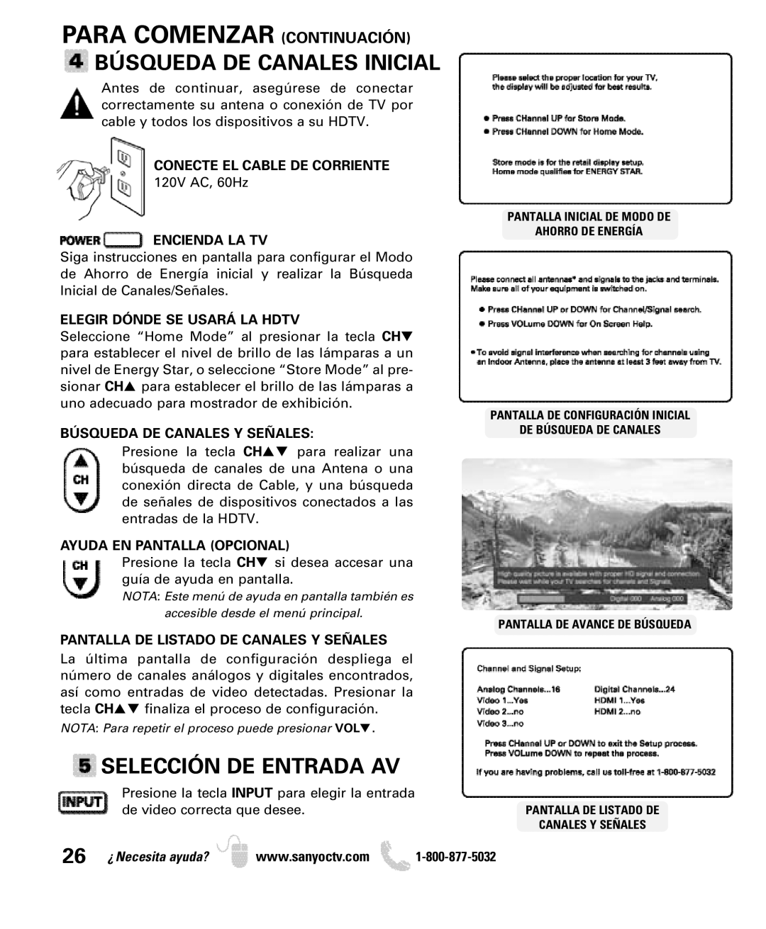 Sanyo DP32640 manual Para Comenzar Continuación, Búsqueda DE Canales Inicial, Selección DE Entrada AV 