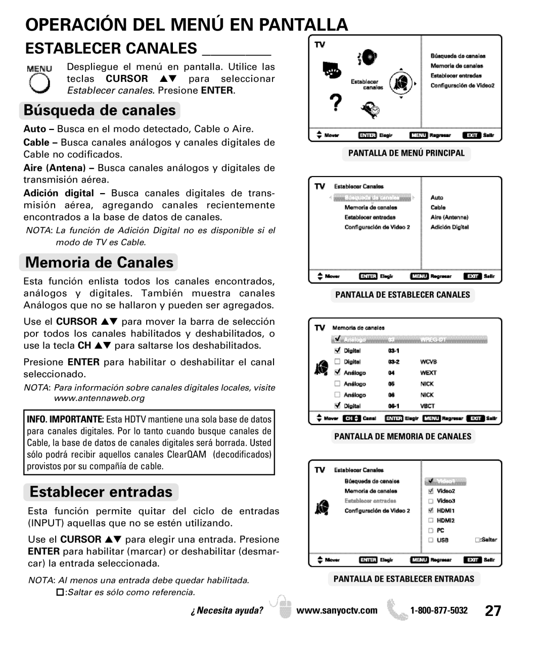 Sanyo DP32640 manual Operación DEL Menú EN Pantalla, Establecer Canales, Búsqueda de canales, Memoria de Canales 