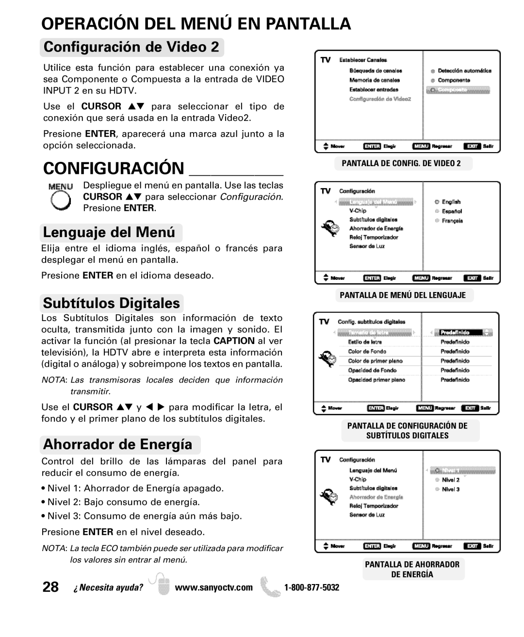 Sanyo DP32640 manual Configuración de Video, Lenguaje del Menú, Subtítulos Digitales, Ahorrador de Energía 