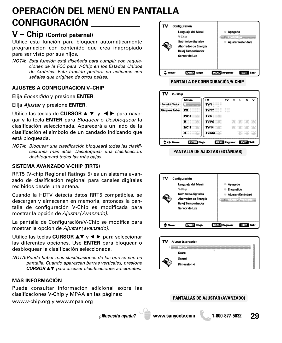 Sanyo DP32640 Operación DEL Menú EN Pantalla Configuración, Ajustes a Configuración V-CHIP, Sistema Avanzado V-CHIP RRT5 