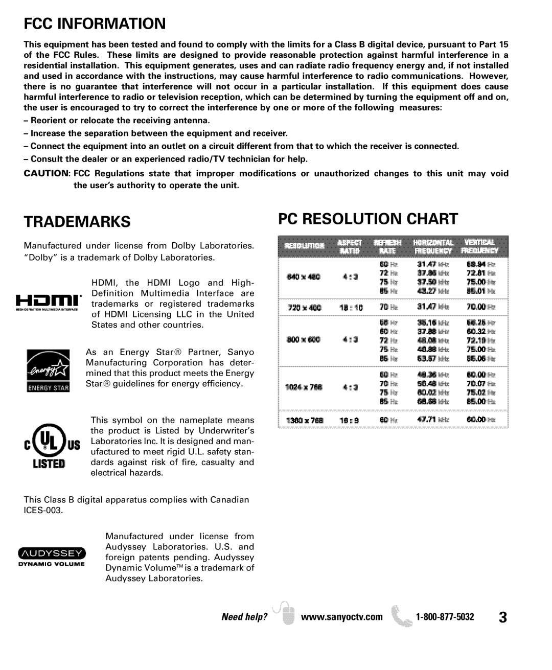 Sanyo DP32640 manual FCC Information, Trademarks 