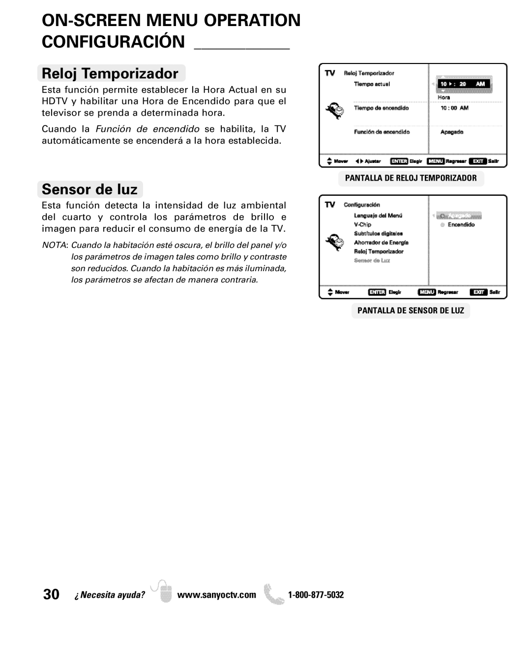 Sanyo DP32640 manual Reloj Temporizador, Sensor de luz 