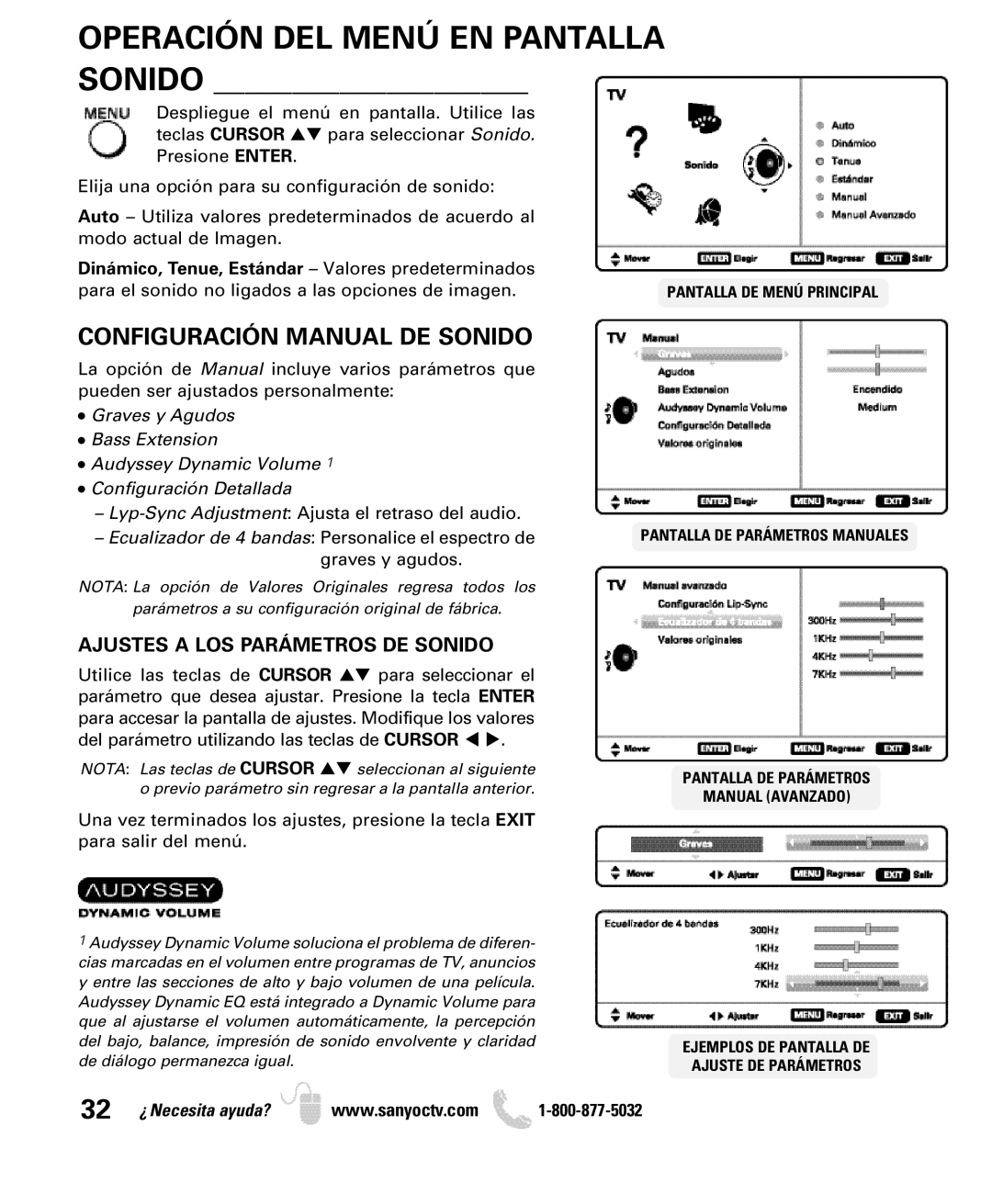 Sanyo DP32640 manual Configuración Manual DE Sonido, Ajustes a LOS Parámetros DE Sonido 