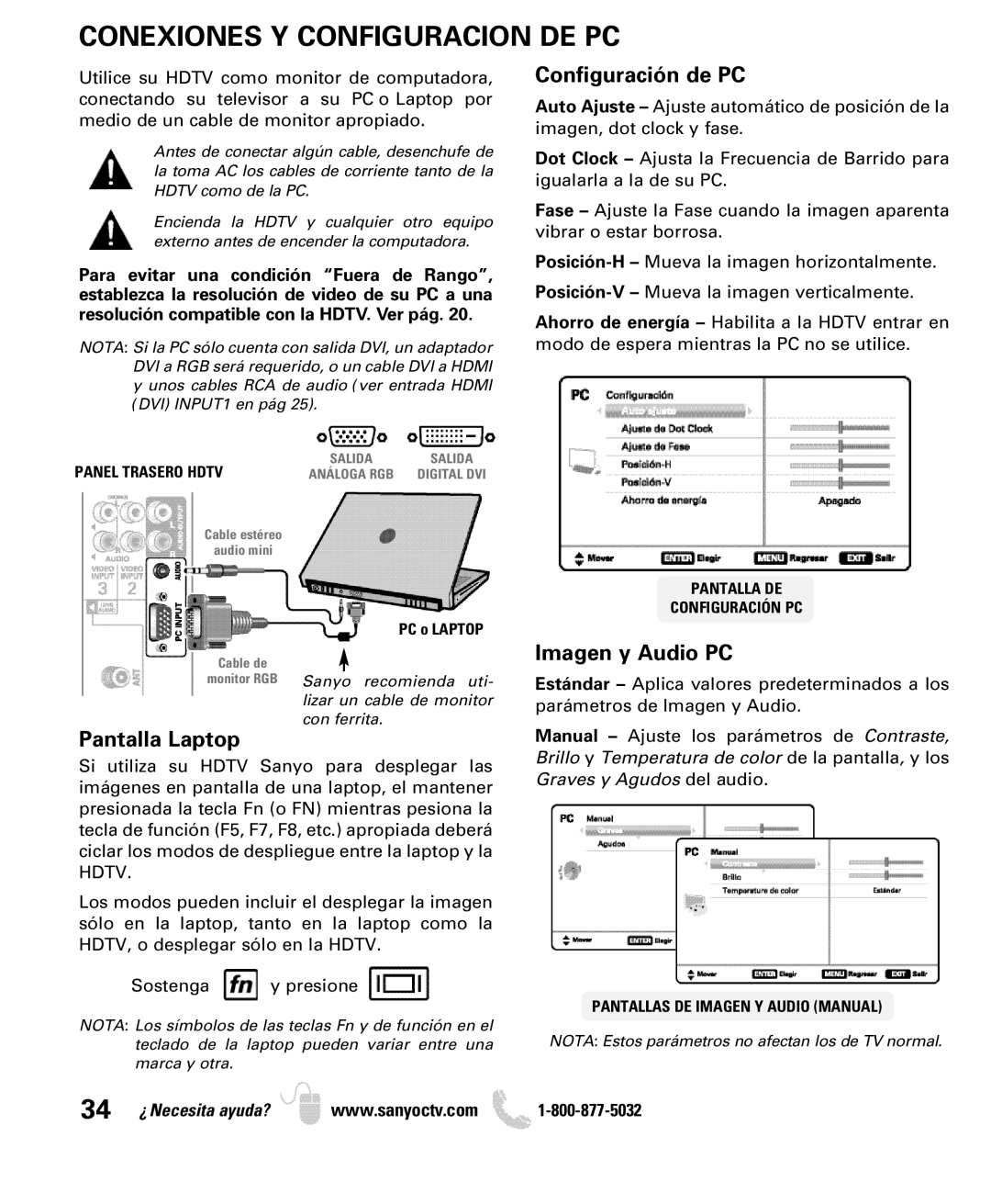 Sanyo DP32640 manual Conexiones Y Configuracion DE PC, Configuración de PC 