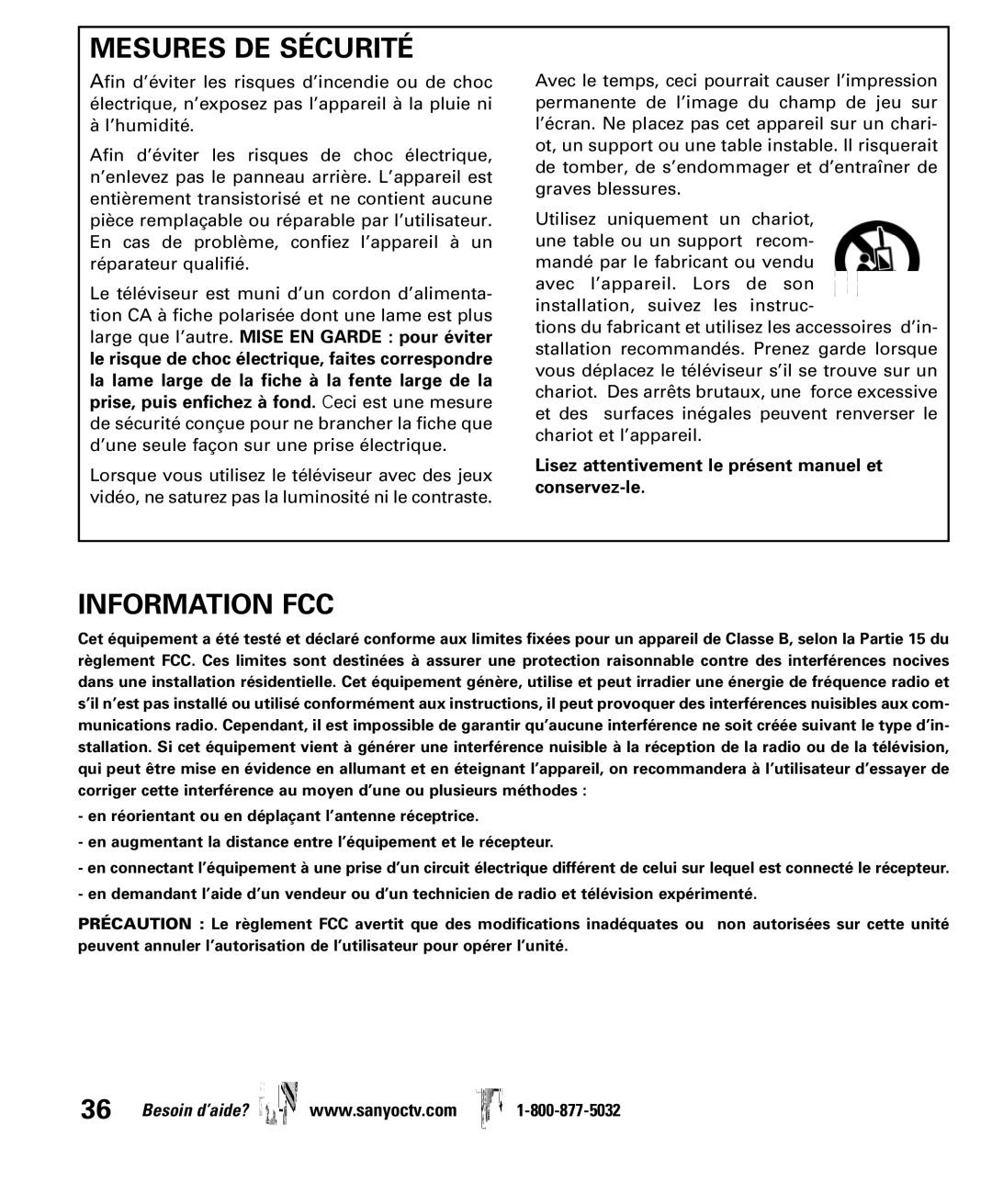 Sanyo DP32640 manual Mesures DE Sécurité, Information FCC 