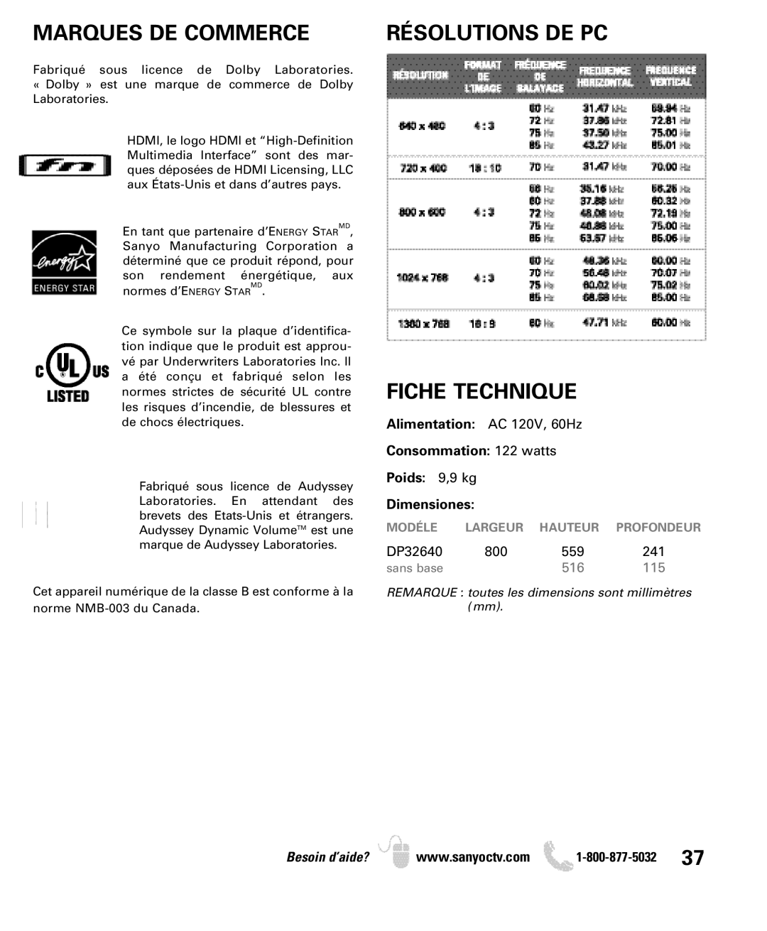 Sanyo DP32640 manual Marques DE Commerce, Fiche Technique 