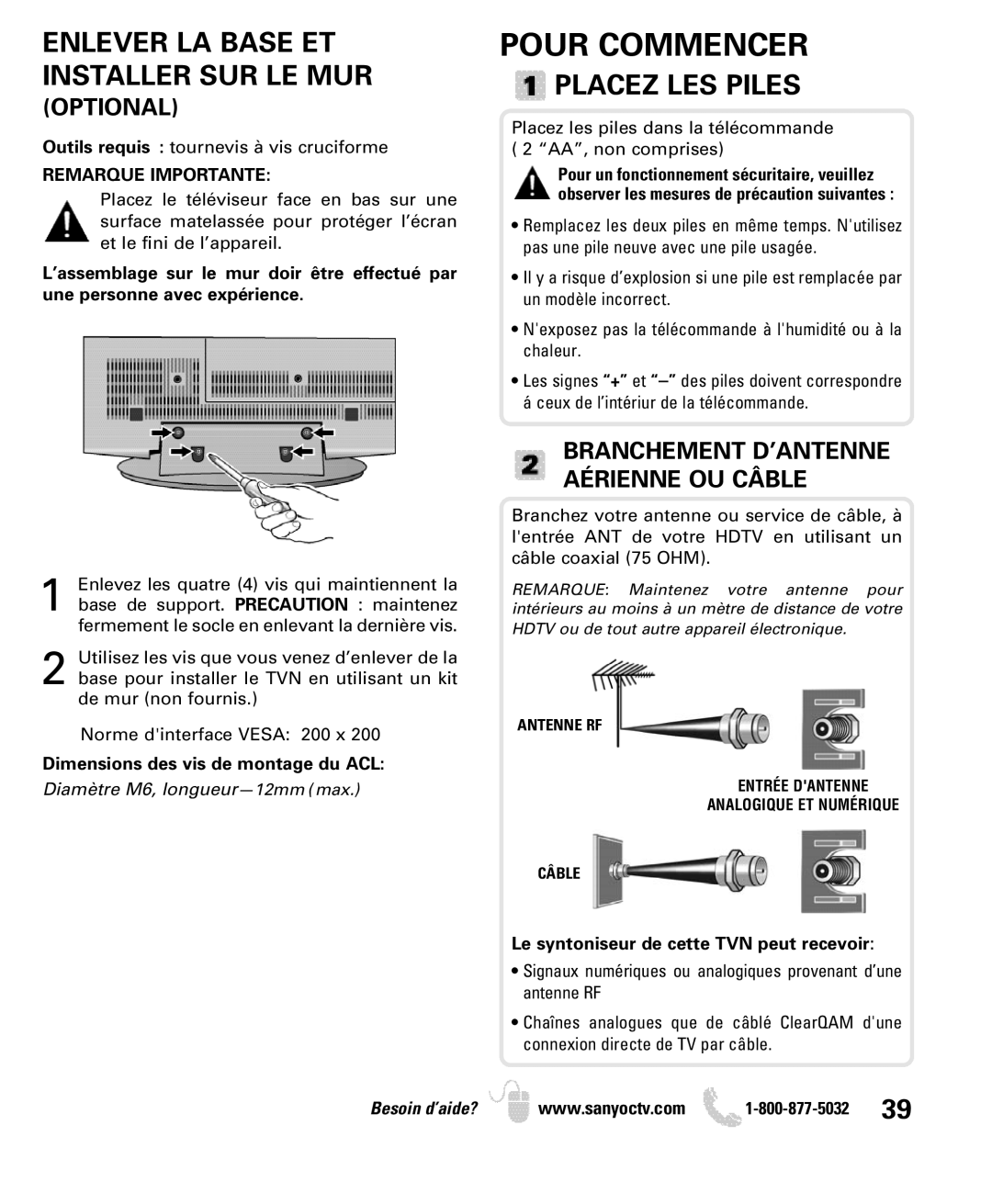 Sanyo DP32640 Pour Commencer, Placez LES Piles, Optional, Branchement D’ANTENNE Aérienne OU Câble, Remarque Importante 