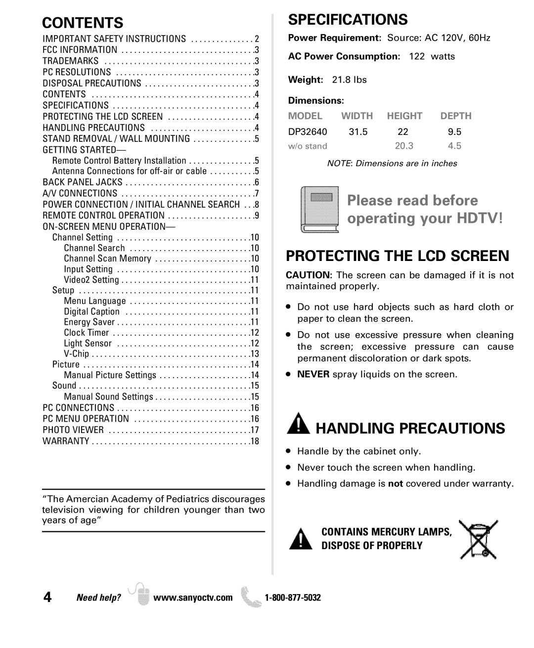 Sanyo DP32640 manual Contents, Specifications, Protecting the LCD Screen, Handling Precautions 