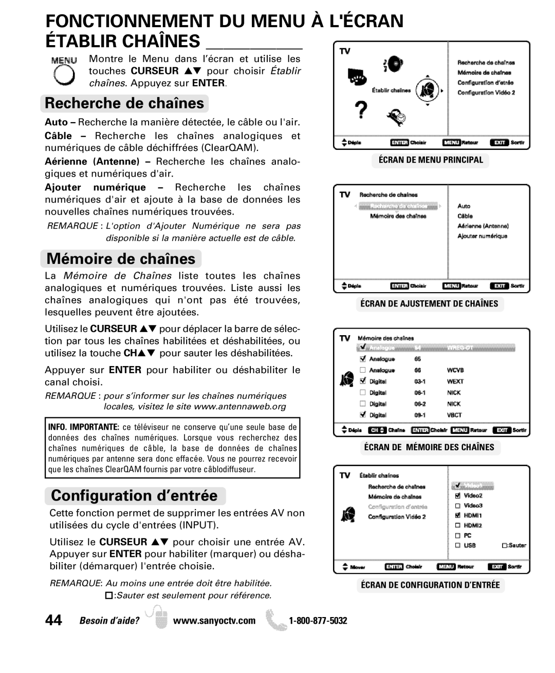 Sanyo DP32640 manual Fonctionnement DU Menu À Lécran Établir Chaînes, Recherche de chaînes, Mémoire de chaînes 