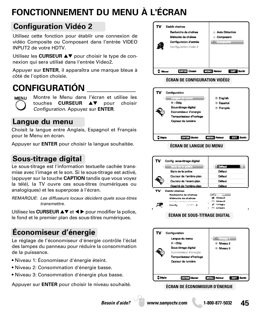 Sanyo DP32640 manual Fonctionnement DU Menu À Lécran, Configuratión 