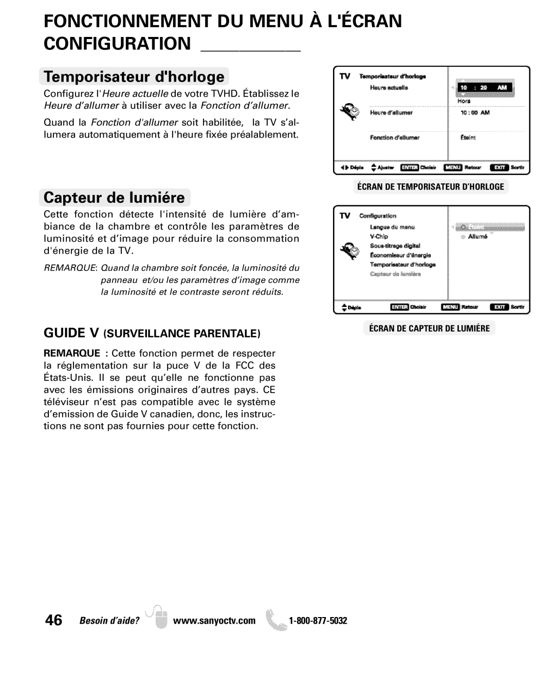 Sanyo DP32640 manual Fonctionnement DU Menu À Lécran Configuration, Temporisateur dhorloge, Capteur de lumiére 