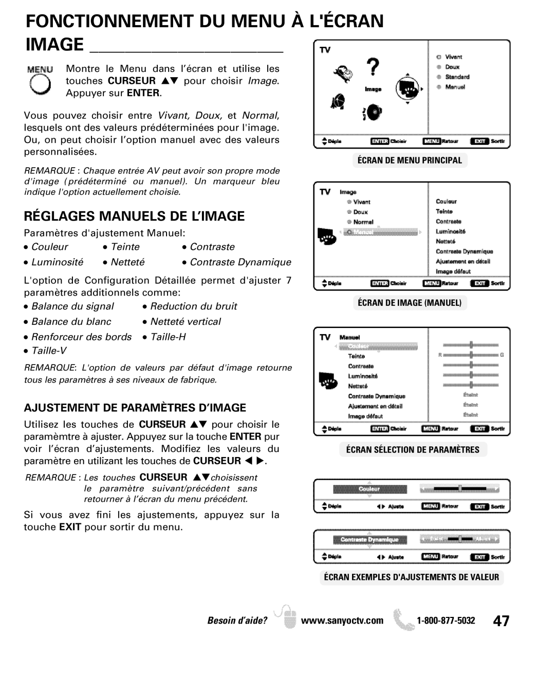 Sanyo DP32640 manual Image, Réglages Manuels DE L’IMAGE, Ajustement DE Paramètres D’IMAGE 