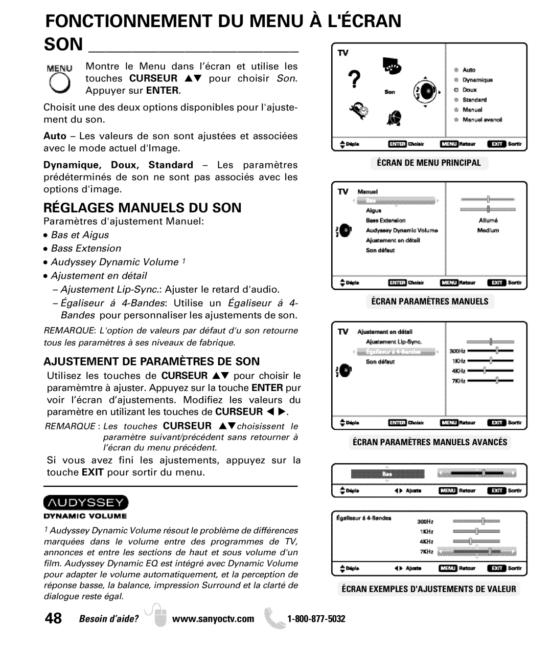 Sanyo DP32640 manual Son, Réglages Manuels DU SON, Ajustement DE Paramètres DE SON 