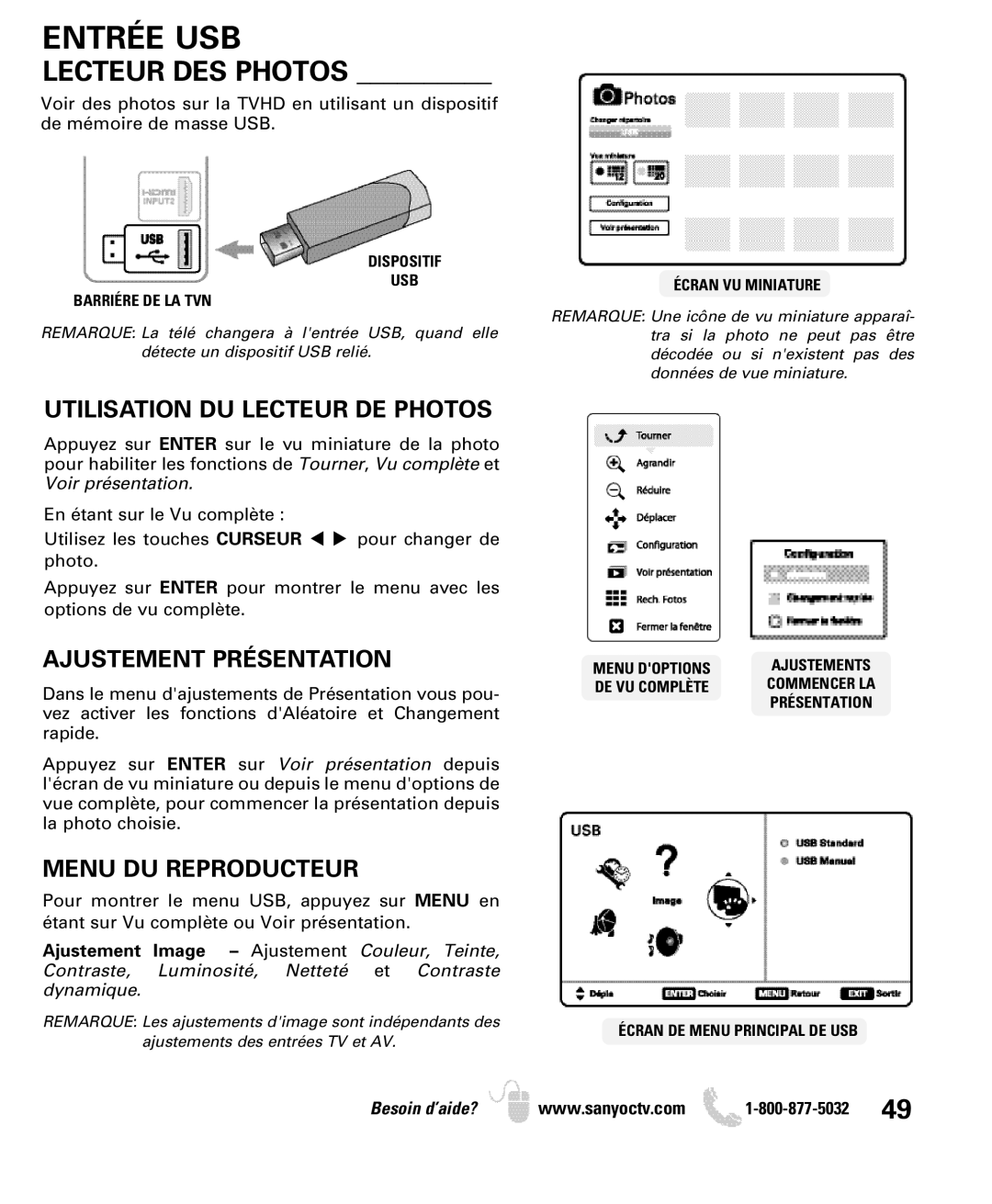 Sanyo DP32640 manual Entrée USB, Lecteur DES Photos, Utilisation DU Lecteur DE Photos, Ajustement Présentation 