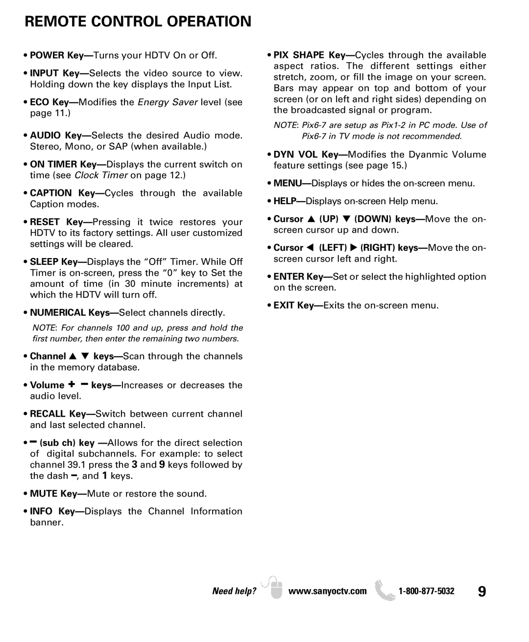 Sanyo DP32640 manual Remote Control Operation 