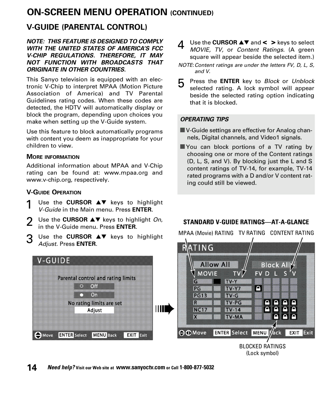 Sanyo DP32648, DP26648 owner manual Guide Parental Control, Operating Tips 