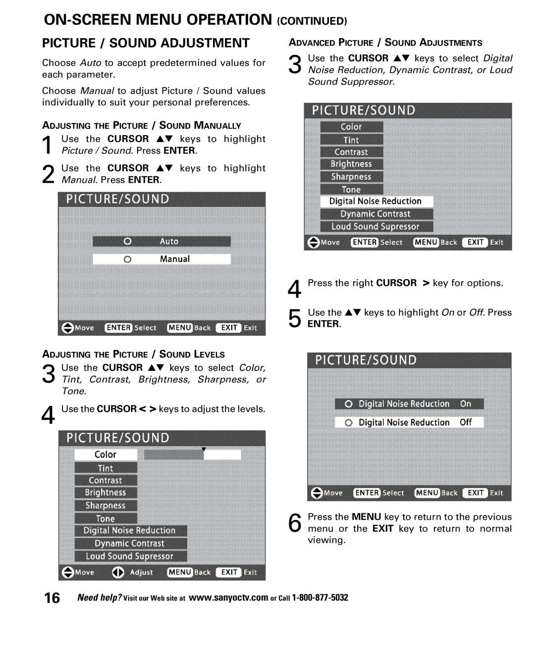 Sanyo DP32648, DP26648 owner manual Picture / Sound Adjustment 