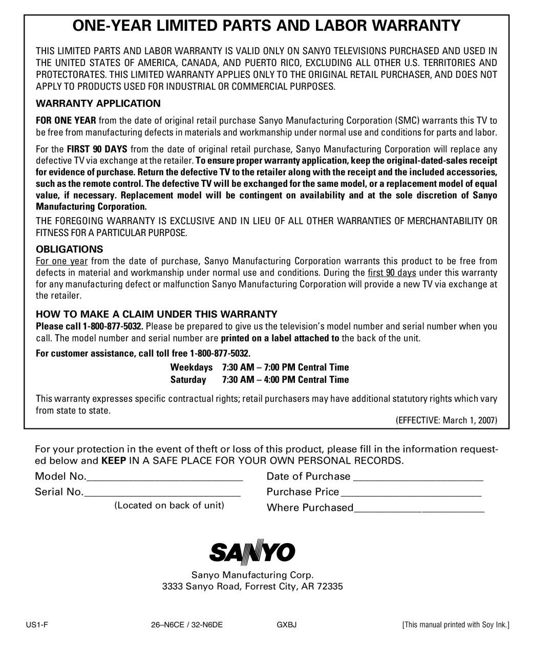 Sanyo DP26648, DP32648 owner manual ONE-YEAR Limited Parts and Labor Warranty, Warranty Application 