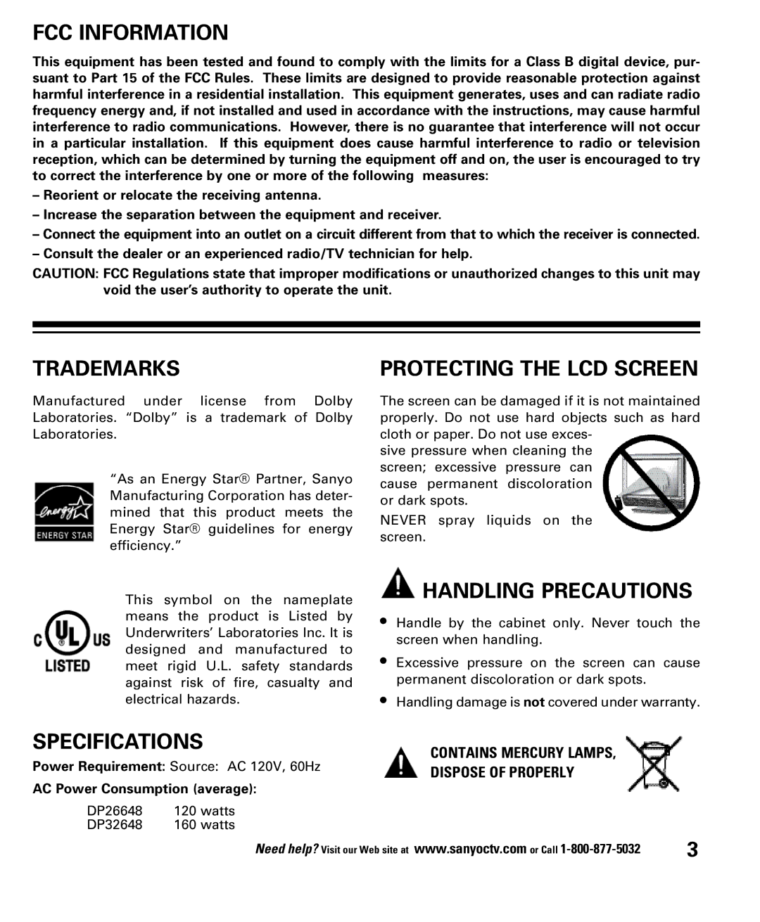 Sanyo DP26648, DP32648 FCC Information, Trademarks, Specifications, Protecting the LCD Screen, Handling Precautions 