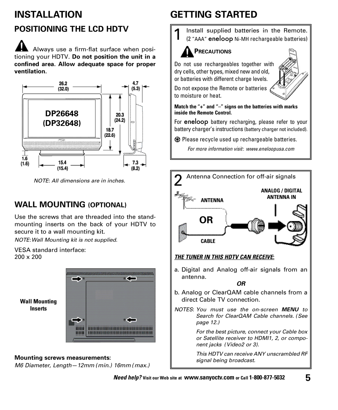 Sanyo DP26648, DP32648 owner manual Installation, Getting Started, Positioning the LCD Hdtv, Wall Mounting Optional 