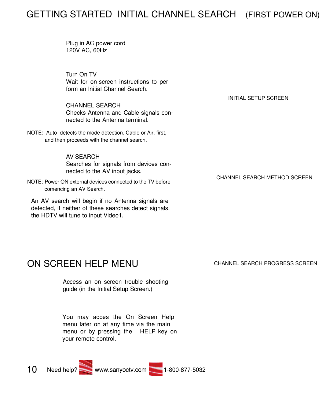 Sanyo DP32649 owner manual Getting STARTED- Initial Channel Search First Power on, On Screen Help Menu, AV Search 