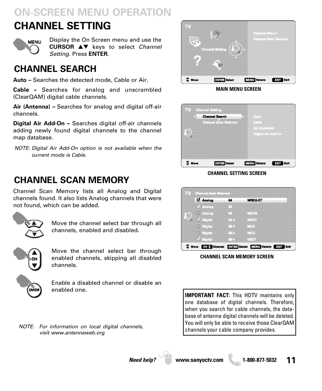 Sanyo DP32649 ON-SCREEN Menu Operation Channel Setting, Channel Search, Channel Scan Memory, Setting. Press Enter 