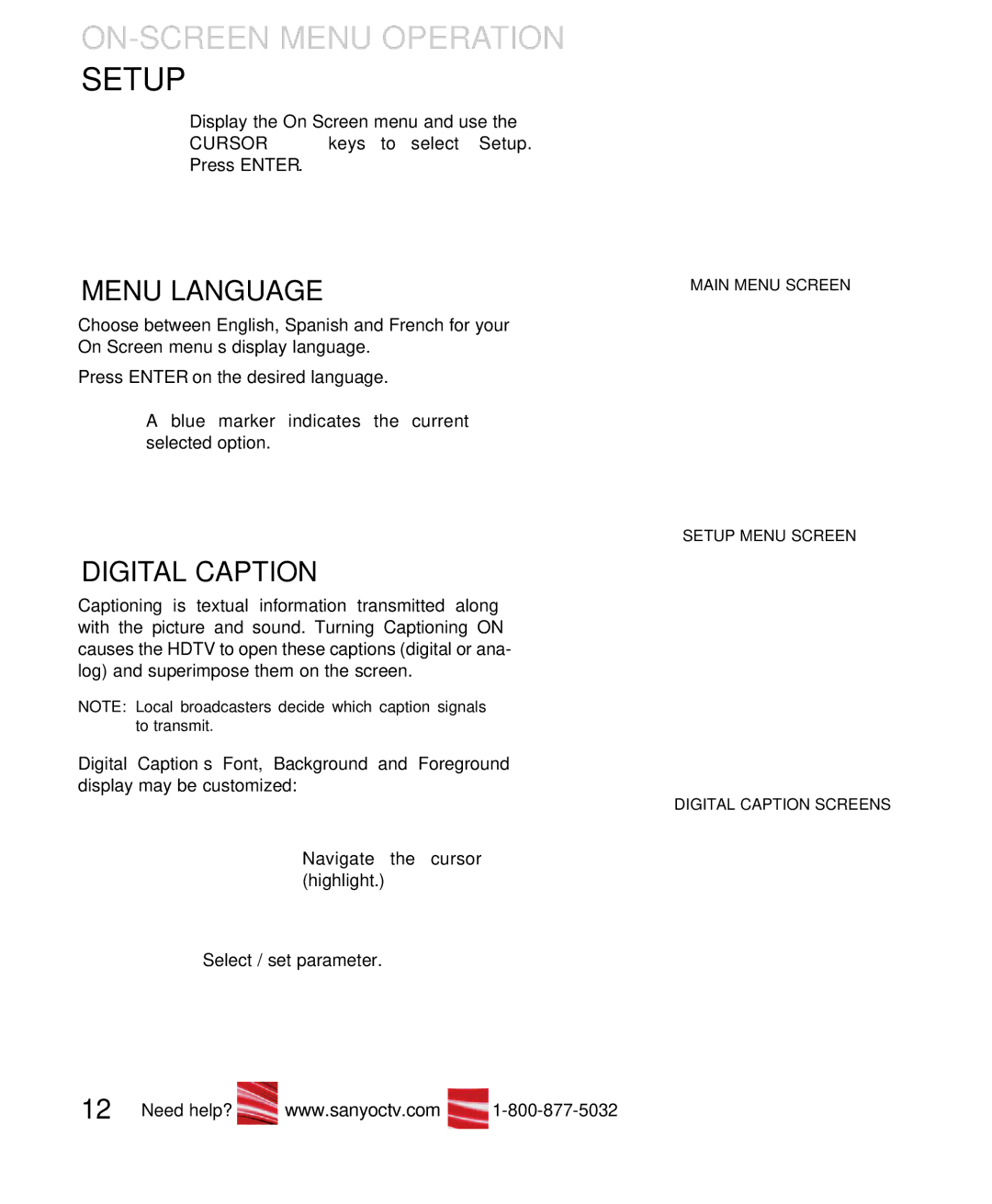 Sanyo DP32649 owner manual ON-SCREEN Menu Operation Setup, Menu Language, Digital Caption 