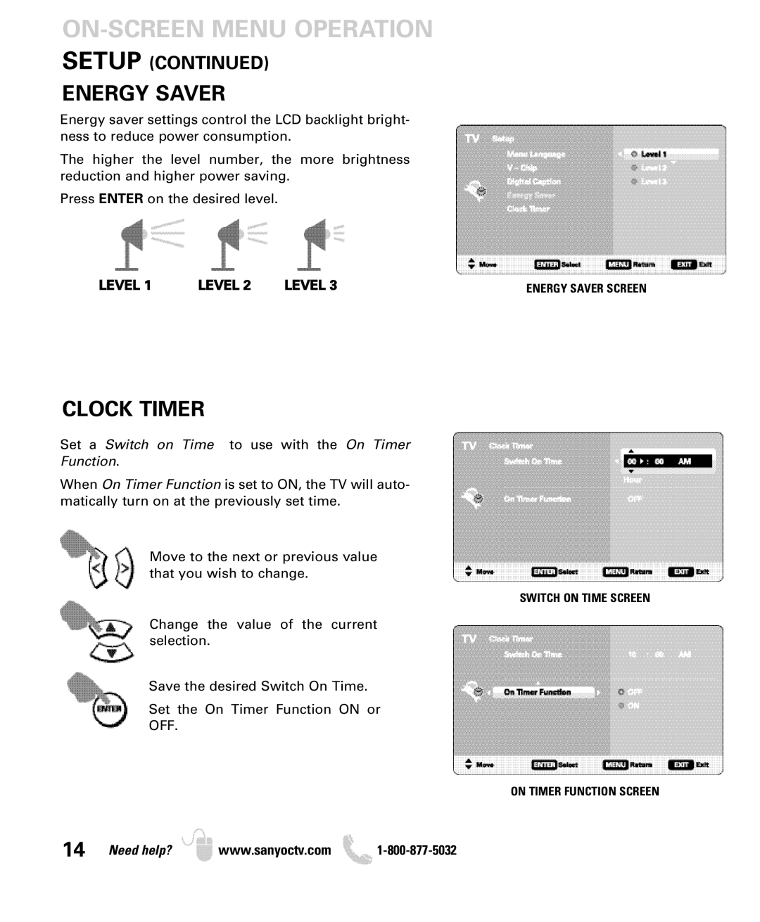 Sanyo DP32649 owner manual Energy Saver, Clock Timer, Level, Set a Switch on Time to use with the On Timer Function 