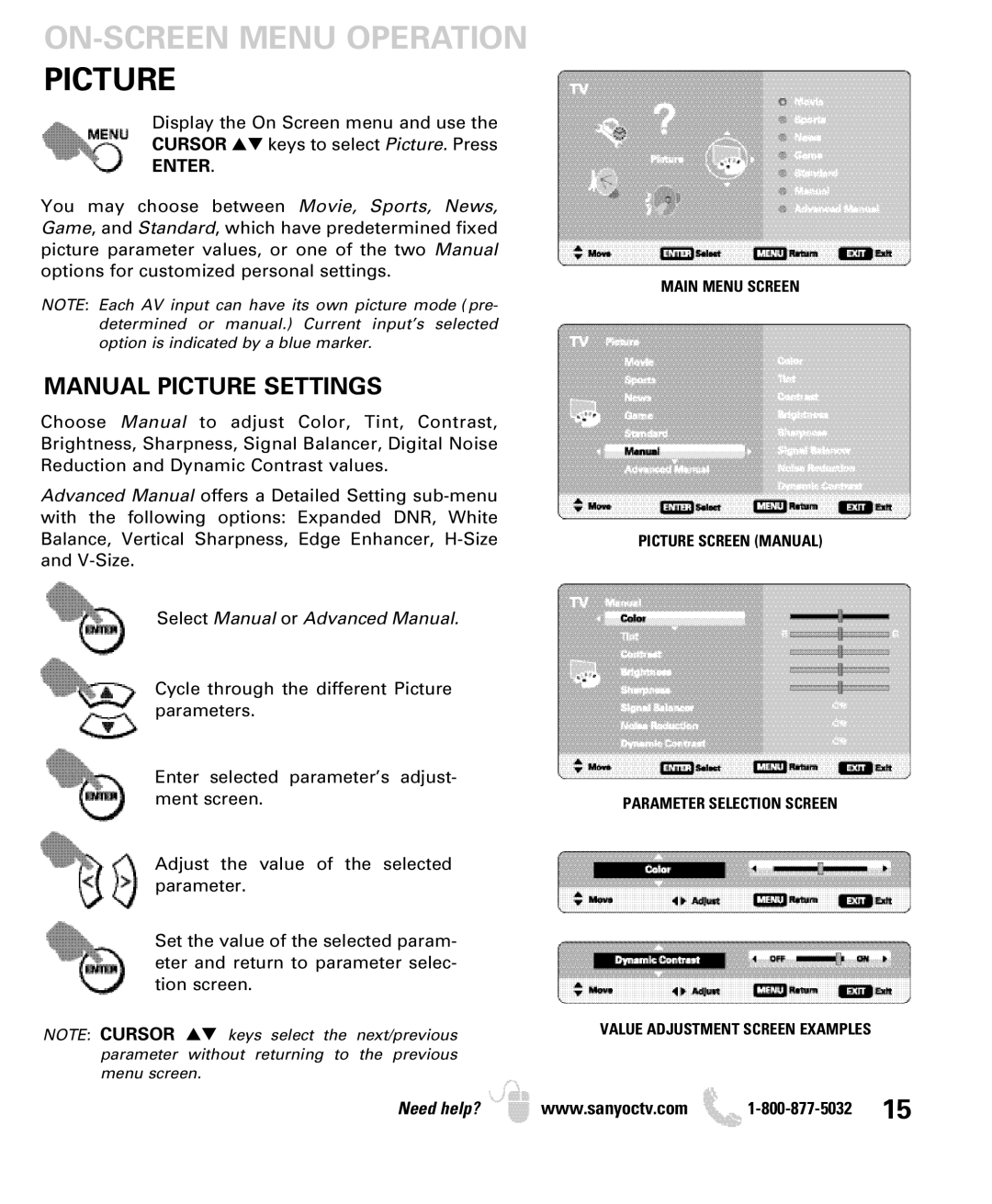 Sanyo DP32649 ON-SCREEN Menu Operation Picture, Manual Picture Settings, Enter, Select Manual or Advanced Manual 