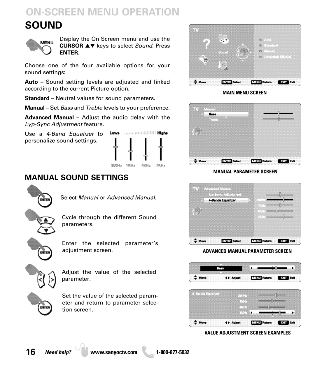 Sanyo DP32649 ON-SCREEN Menu Operation Sound, Manual Sound Settings, Use a 4-Band Equalizer to personalize sound settings 