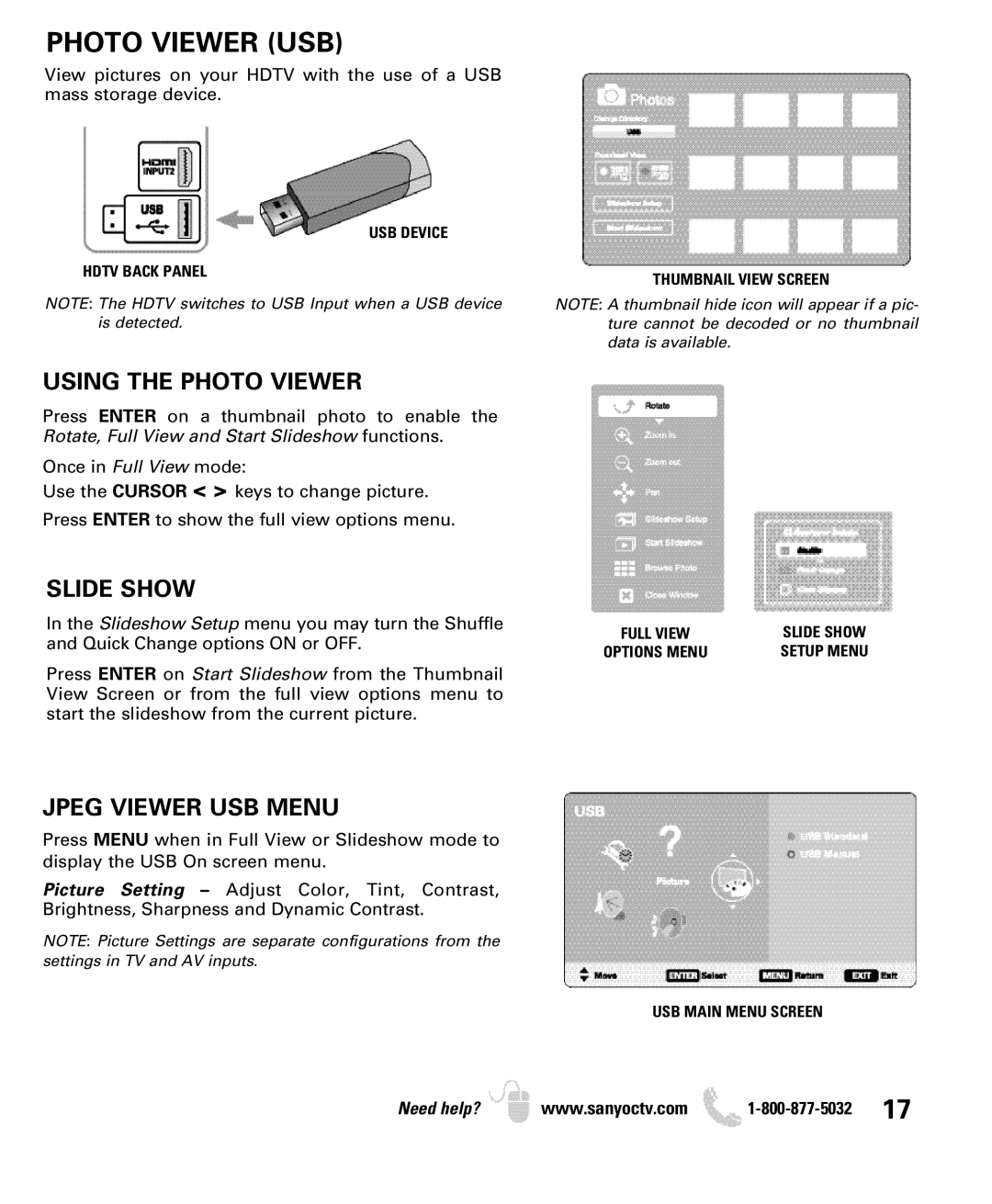 Sanyo DP32649 owner manual Photo Viewer USB, Using the Photo Viewer, Slide Show, Jpeg Viewer USB Menu 