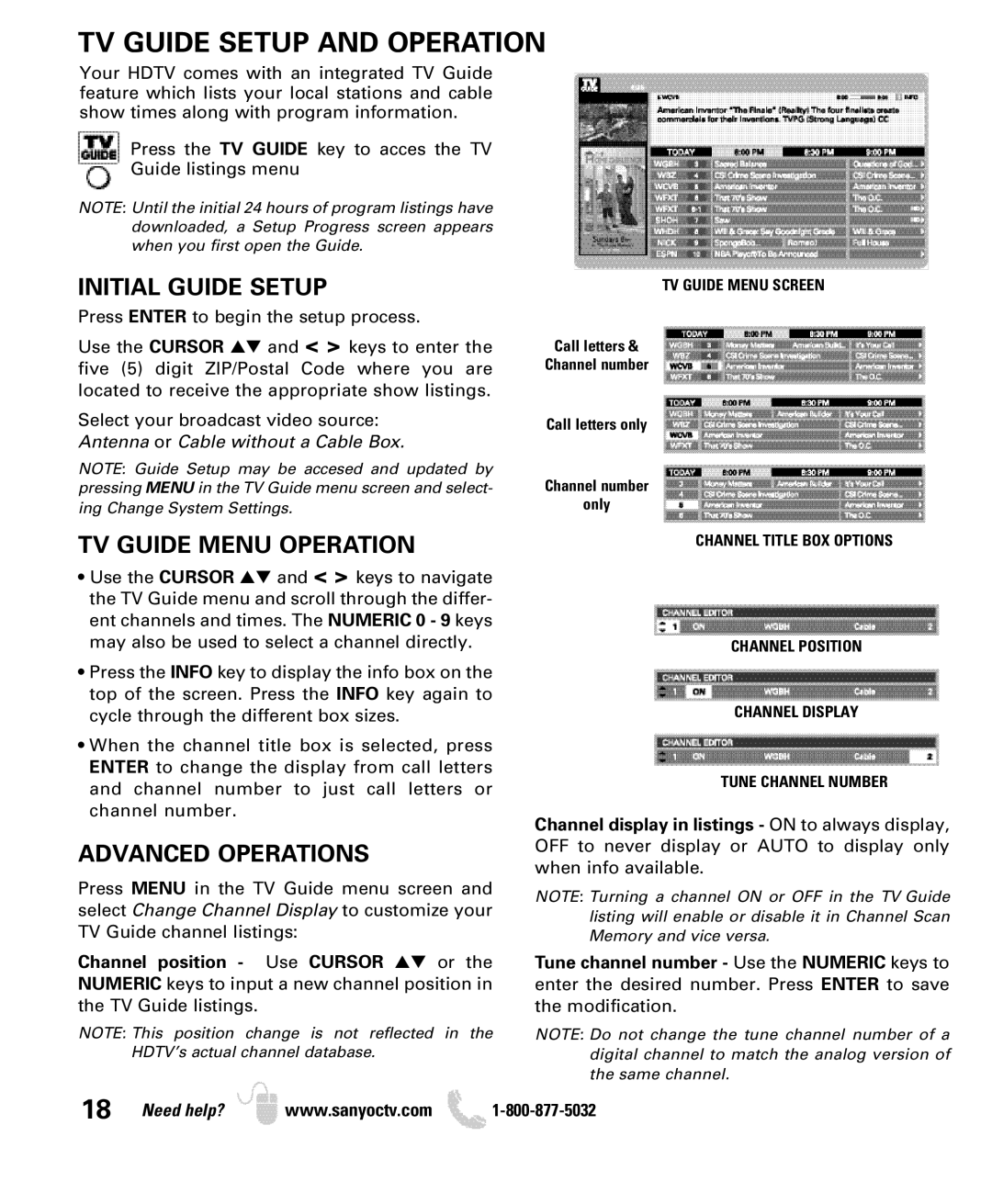 Sanyo DP32649 owner manual TV Guide Setup and Operation, Initial Guide Setup, TV Guide Menu Operation, Advanced Operations 