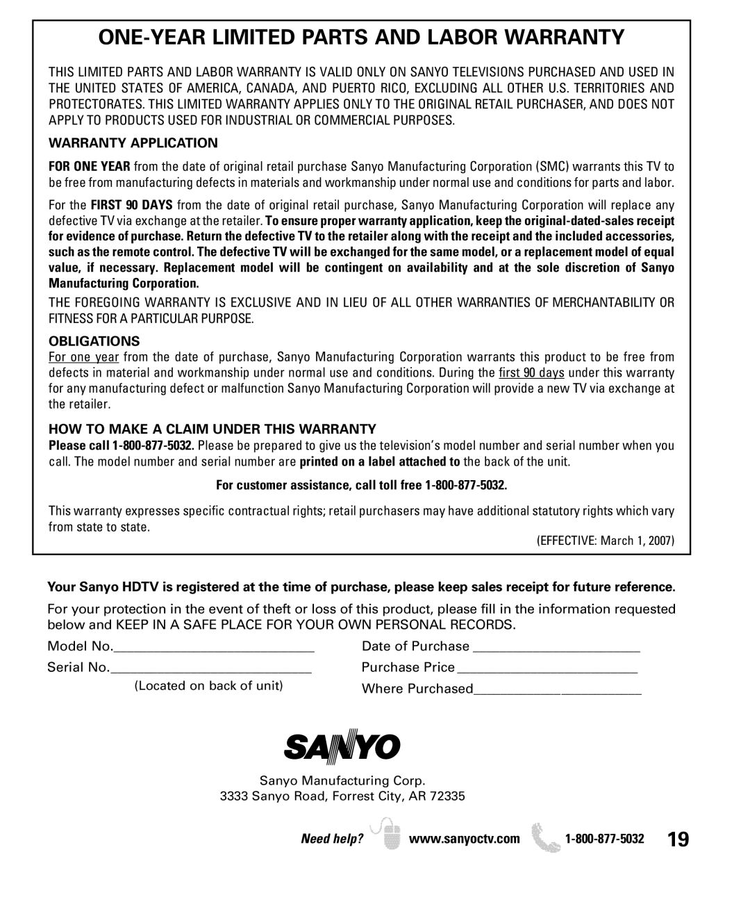 Sanyo DP32649 owner manual ONE-YEAR Limited Parts and Labor Warranty, Warranty Application, Obligations 