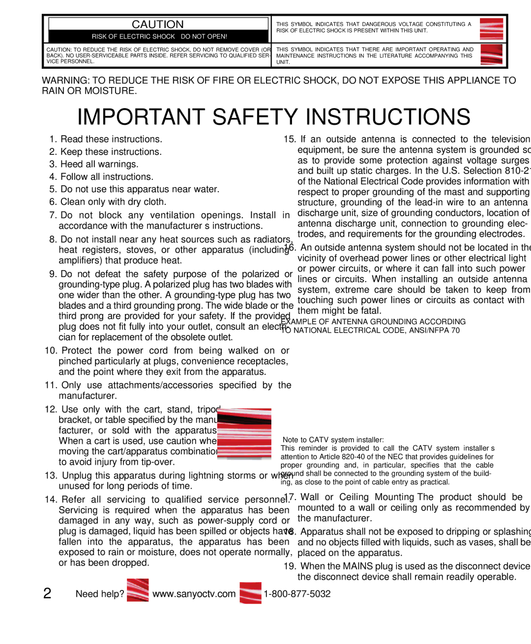 Sanyo DP32649 owner manual Important Safety Instructions 